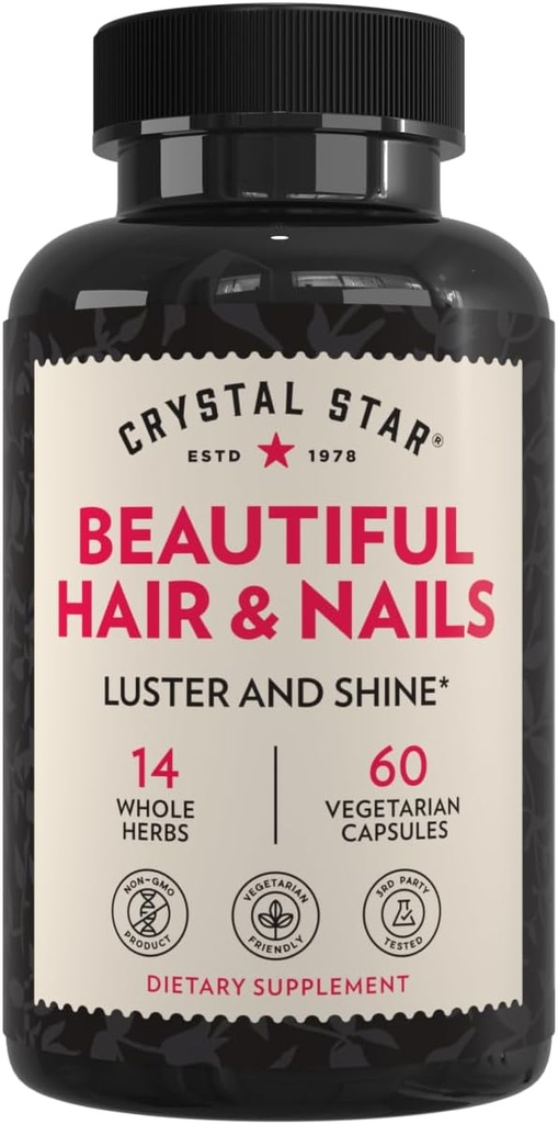 Crystal Star Beautiful Hair & Nail Supplement (60 Kapseln) – Kräuterergänzung unterstützt Thicker Stronger Hair & Nails – Pferdeschwanz, Nettle & Alfalfa – Non-GMO
