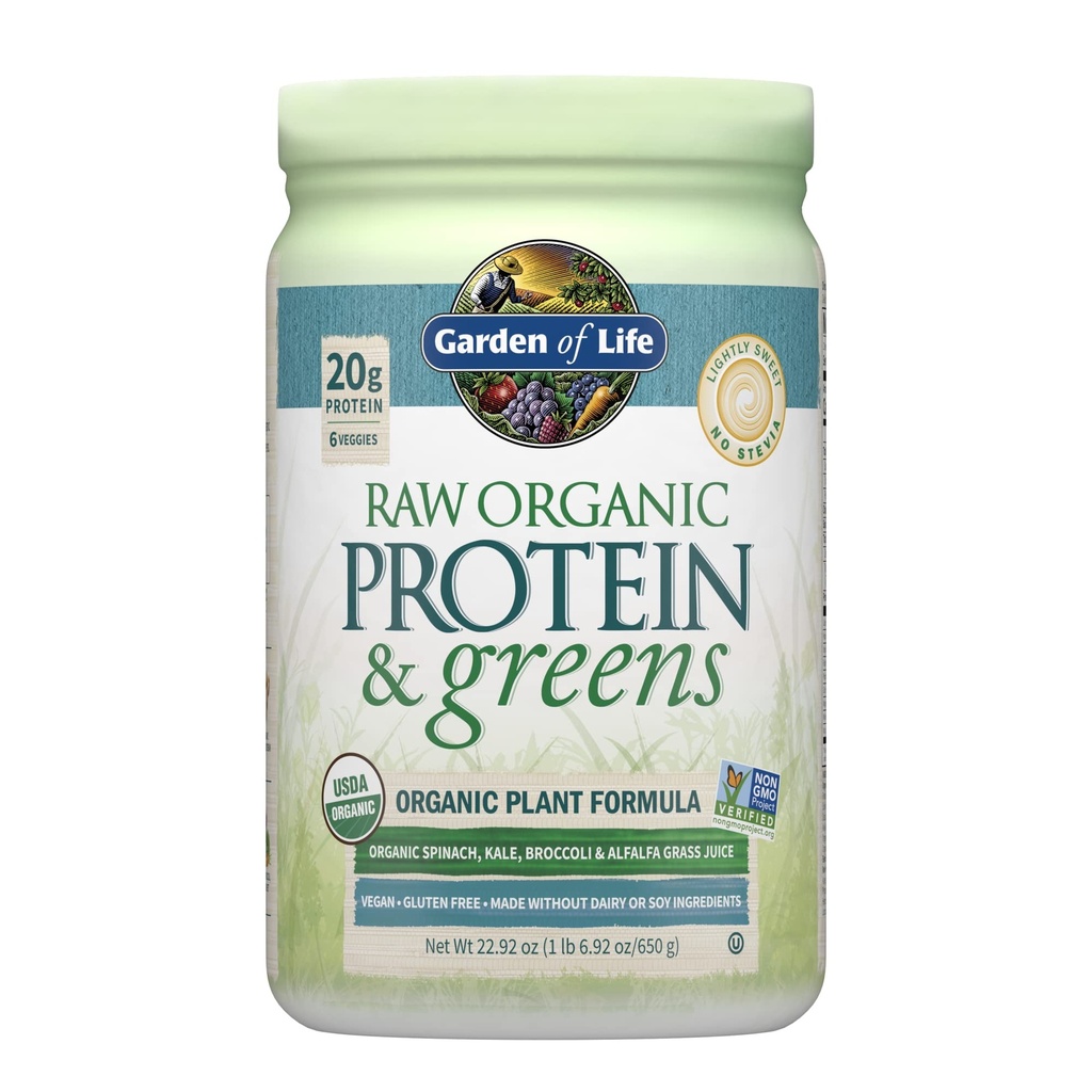 Jardin de la vie Protéines organiques crues et vertes Légèrement sucrées, Poudre de protéines végétales pour les femmes et les hommes, Protéines végétales et de pois, Verts, Probiotiques, Gluten sans bas carbure Shake fait sans lait 20 portions