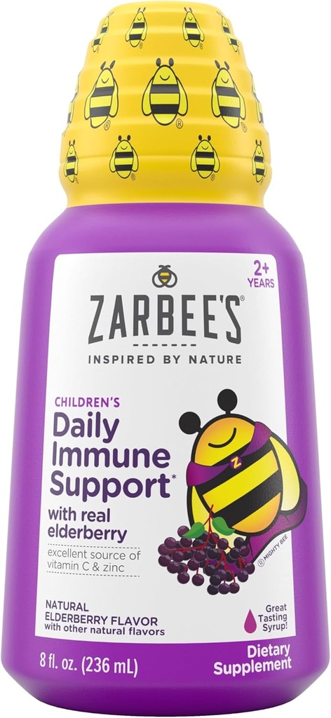 Sirop de baies d'eau de Zarbee pour les enfants, soutien immunitaire quotidien avec vitamine C et zinc, supplément liquide pour enfants, saveur de baie naturelle, 8 fl oz