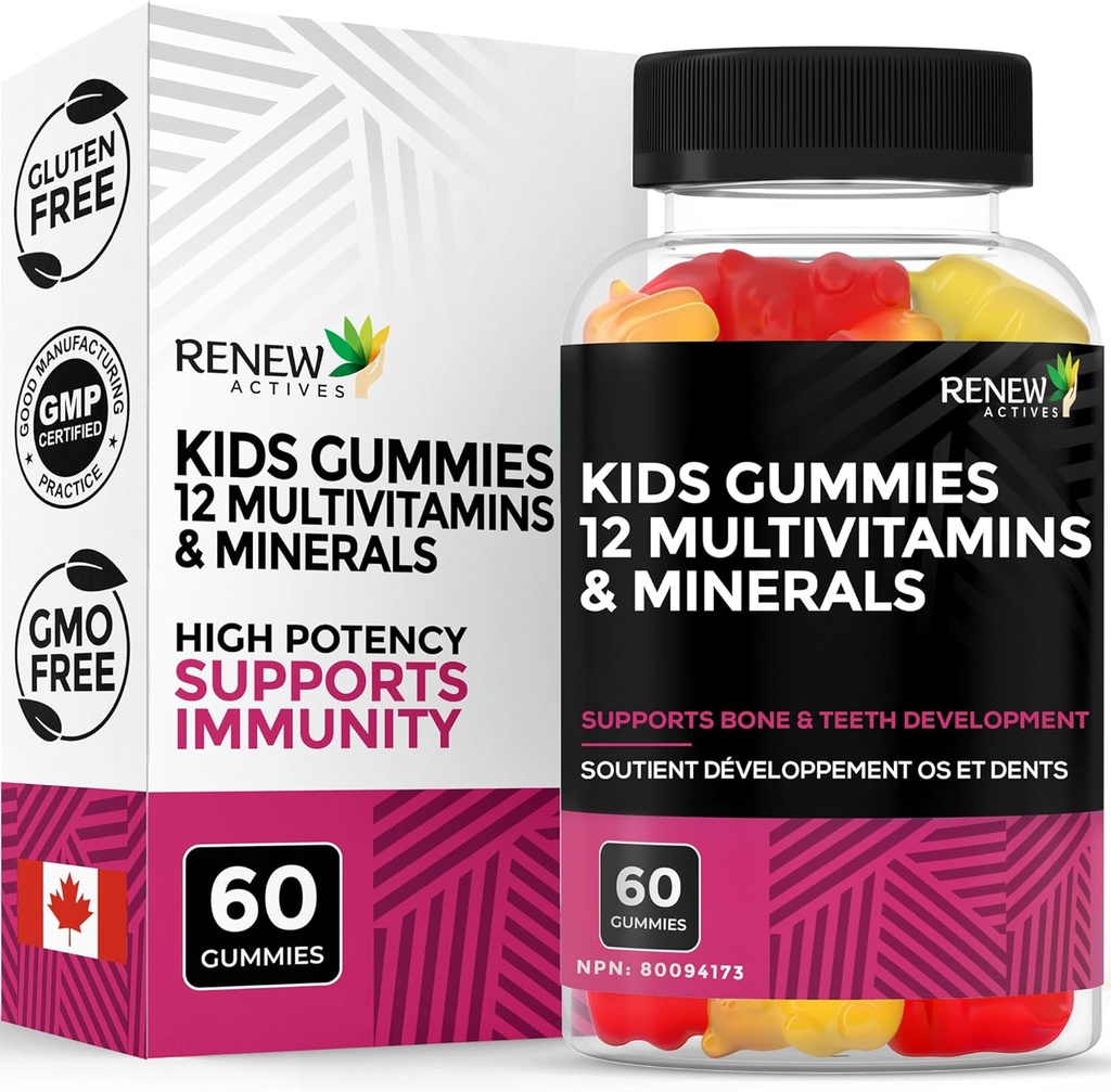 Renew Actives Kids Multivitamin 4 Gummies per Serving – Supporta salute, capelli, pelle, unghie, vista, ossa forti, denti e gomme – Tasty & Nutrient-Rich per i bambini in crescita – Made in Canada – 60 Gummies