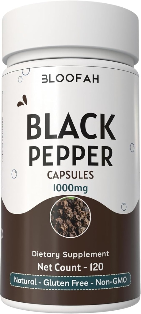 Schwarz Pfeffer Kapseln 1000mg Pulver | Piper nigrum | Non-GMO, Gluten-Free | Keine künstlichen Zusatzstoffe | GMP-zertifiziert | Kräuterergänzung | Traditionelles Wellness (120 Count (Pack von 1))