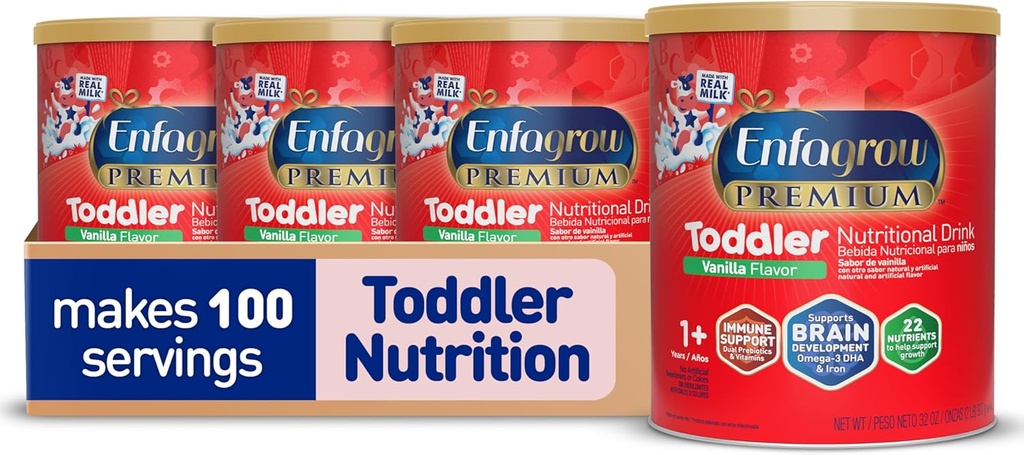 Enfagrow Premium Toddler Nutritional Drink, Vanilla Flavor, Omega-3 DHA per il supporto cerebrale, Prebiotici e vitamine per la salute immunitaria, Canna da polvere, 32 Oz, Confezione da 4