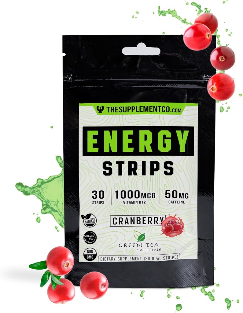 Energy Strips - 50 Mg di Caffiene - Assorbimento rapido 100% All Natural Formula - Cranberry Flavor - 30 Strisce -