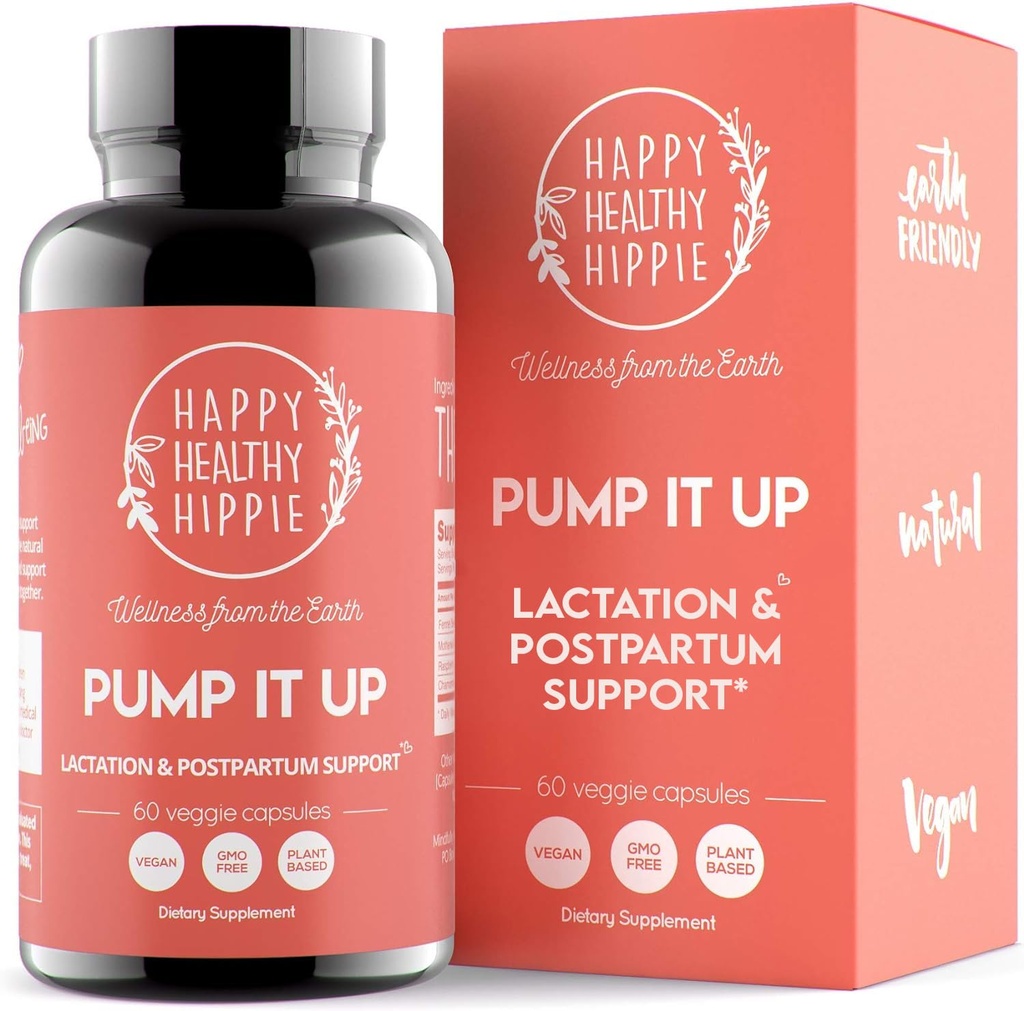 Happy Healthy Hippie Pump It Up Lactation Supplement – postnatale Vitamine für Frauen Stillen | Unterstützt Brustmilchversorgung Erhöhung | Fennel Seed, Kamille, Mutterwort, Himbeer Blatt | 60 Ct