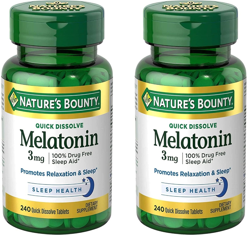 Bounty Melatonin 3mg, 100% Droga Dormire Gratis per Adulti, Supporta Rilassamento e Sonno, Supplemento Dietetico, 240 Conteggio (Pack of 2)