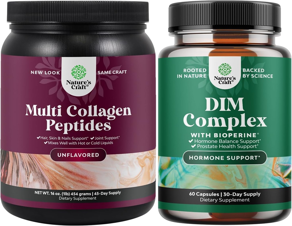 Natura Artigianato Bundle di Multi Collagen Protein Powder per Donne e Uomini - Hair Skin e Unghie Vitamine e DIM Complex Uomini e Donne