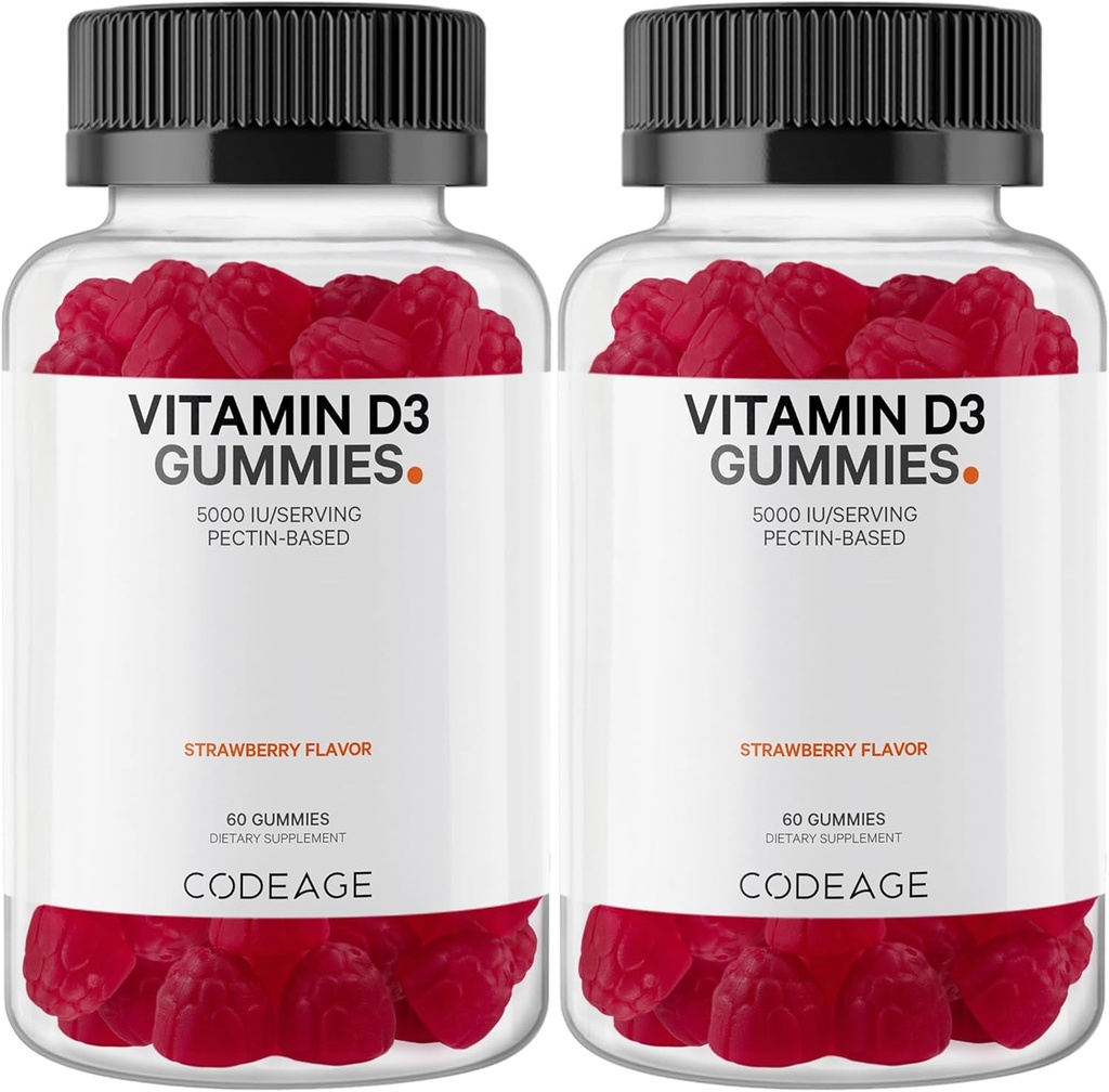 Codeage Vitamine D3 Vitamines gommy, Vitamine D3 5000 UI Gummies Cholecalciferol 125 mcg, Soft Pectine-Based, Gummy sans gélatine animale, Gummies Vitamines, Fraise de goût, Non-OGM - 2-Pack
