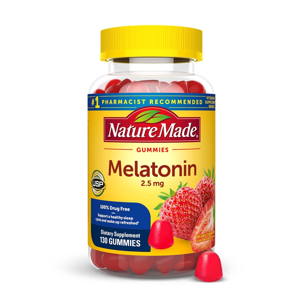 Nature Made Melatonin Gummies 2,5 mg, 100% Drug Free Sleep Aid für Erwachsene, Melatonin Supplement 130 Count, 130 Day Supply