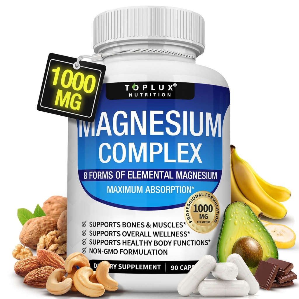 Magnesium Complex Supplement 8 Elemental 1000mg - Magnesium Glycinat, Citrat, Malat, Taurat, Chelat für einfache Absorption für Knochen, Muskel, Erholung, Energie, Vegan Non-GMO 90 Kapseln
