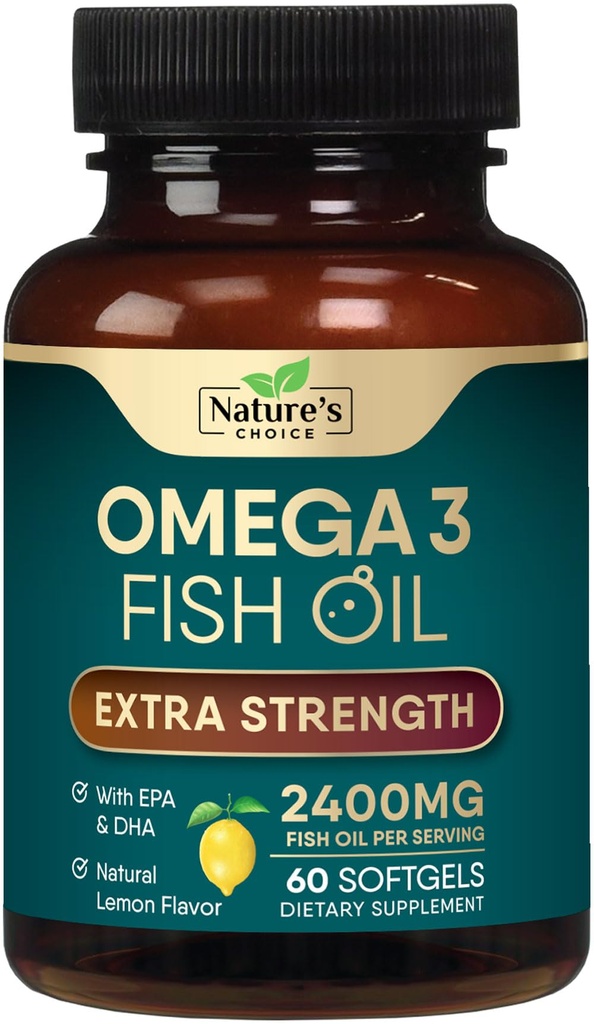 Omega 3 Fischöl-Ergänzung 2400 mg - Dreifache Stärke EPA & DHA Fischöl Omega 3, Essential Fatty Acids Supplement Softgels, Brain & Heart Health Support Supplements, Gluten Free Non-GMO, 60 Softgels