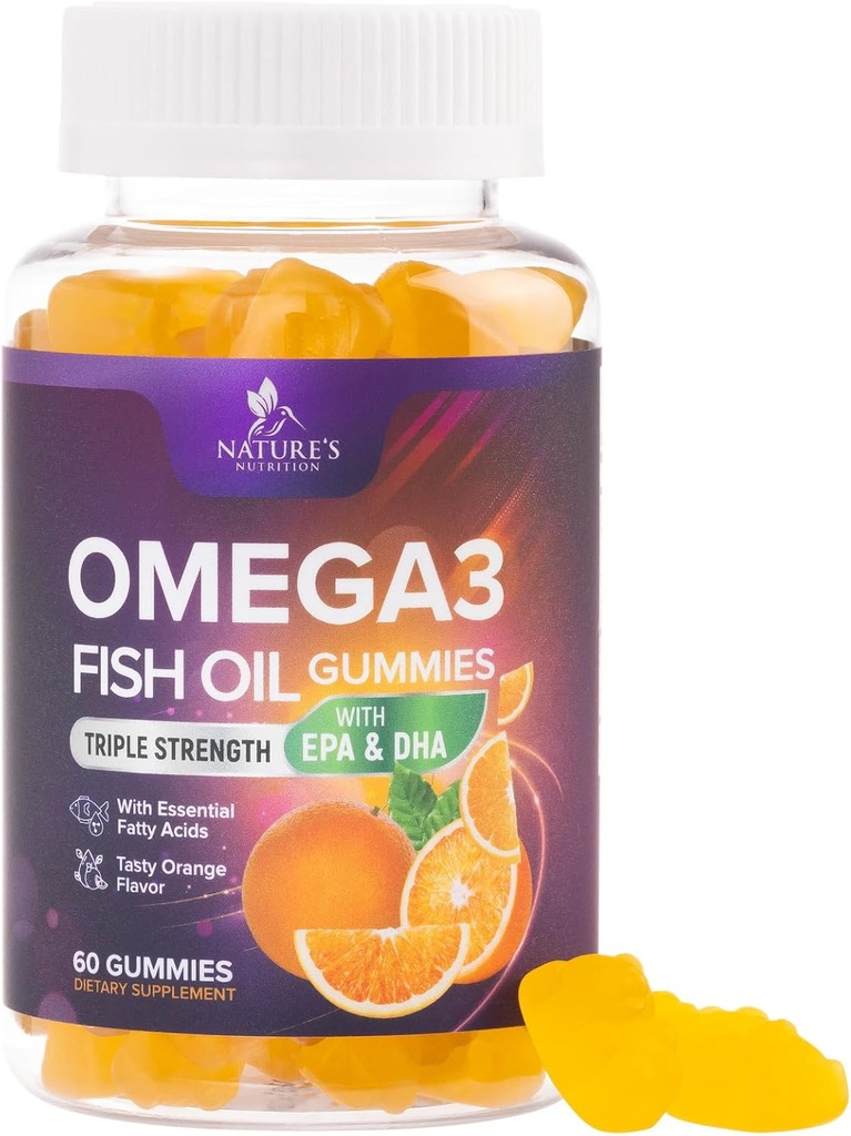 Omega 3 Fish Oil Gummies - Supporto per la salute del cuore Omega 3 Gummy Supplemento per adulti e bambini con alto assorbimento DHA & EPA, Joint & Brain Support, Delicious Orange Flavor Fish Oil Vitamins, 60 Gummies