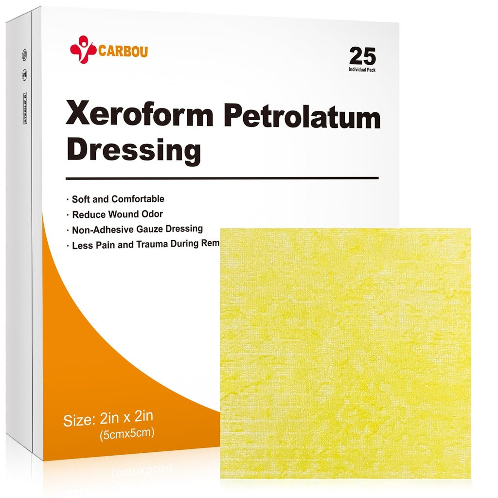 Carbou Medical Xeroform Petrolatum Dressing 2"x2", 25 Individuelles Pack, Nicht-Adherent Gauze Pads, Weiche feine Mesh Gauze Patch für Wound Care, Burns, Lacerationen, Haut Grafts & Chirurgische Schnitte