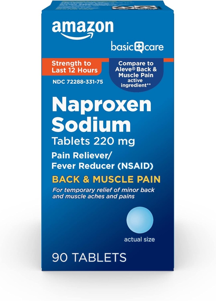 Trattamento di base Back and Muscle Pain, 220 mg, 12-Hour Pain Relief, Naproxen Sodium Tablets, Pain Reliever e Fever Riduttore, 90 Conte