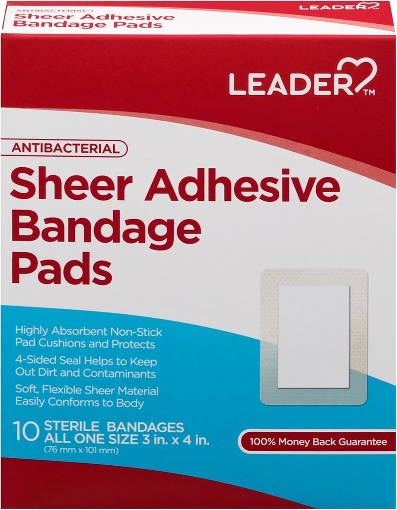 LEADER Sheer Adhesive Bandage Pads, Packungen vonBlends mit Haut, Highly Absorbent Non-Stick Pad, für Erste Hilfe und Wound Care Protection, im Vergleich zu Band-Aid, All one Size 3/4" x 4", 100 ct.