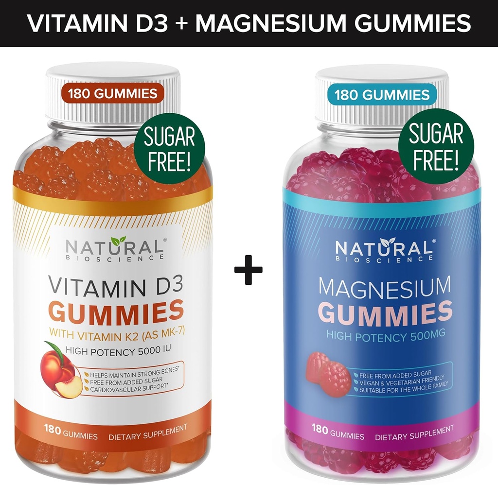 Zucchero Vitamina D3 K2 Gummies (180 Gummies) e Zucchero Extra Forza Magnesio Gummies (180 Gummies), Vitamina D3 Gummies 5000 IU+K2 MK7 80 mcg, Magnesio Citrato Gummies 500 mg