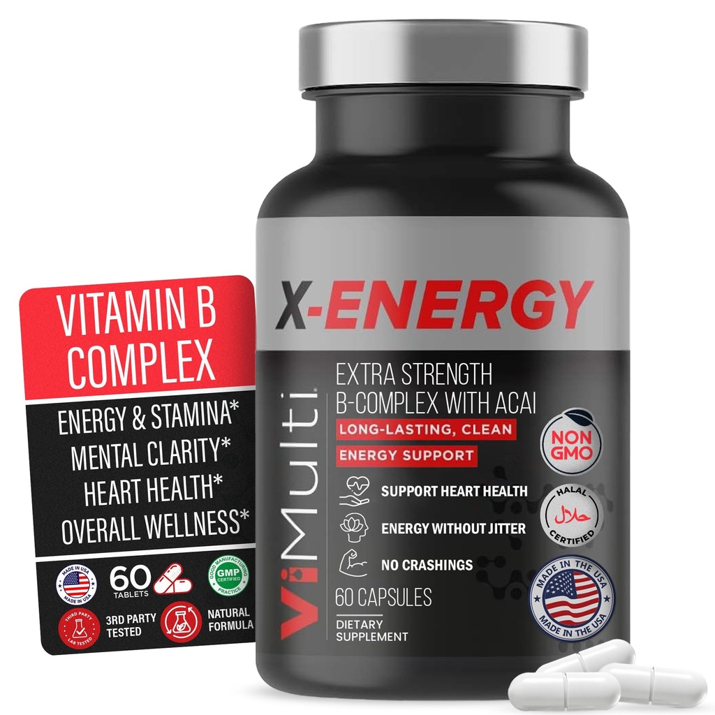 Complexe X-Energy Extra Strength B avec caféine et vitamine B12 – Soutien énergétique avec B1, B2, B3 Niacine, B6, Acide folique, Biotine, B5, Taurine, Ginseng, Rhodiola, Maca, Acai et Spiruline – 60 Capsules