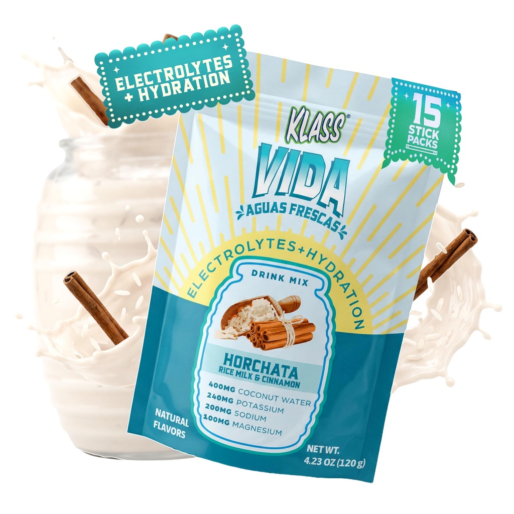 KLASS VIDA Elektrolyt-Getränk-Mix – Horchata Agua Fresca Flavor | Zuckerfreies Hydration-Pulver mit Kokosnuss-Wasser & Minerals | 15 Single-Serve-Stick-Packs in wiederverwertbarem Pouch, niedrige Kalorien