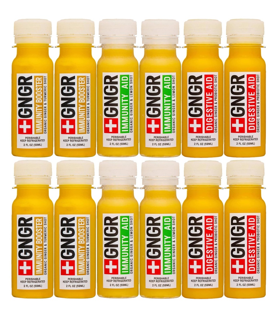 +GNGR Immunity Sampler Organic Ginger Wellness Shots - Premium Ginger Shots for All Natural Digestive Support and Immune Support, Digestive Aid, Gut Cleanse et Detox 2 fl oz (Pack de 12)