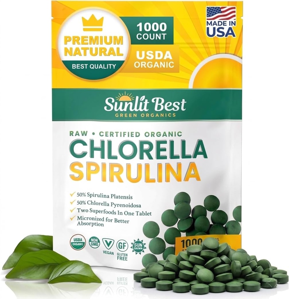 Les meilleurs comprimés de Chlorella Spiruline éclairés au soleil - Bio USDA, Premium Spiruline et Chlorella Comprimés 1000 Compte - Sun Chlorella Pure Natural Superfood avec des algues, des enzymes Chlorophylle et des protéines végétales