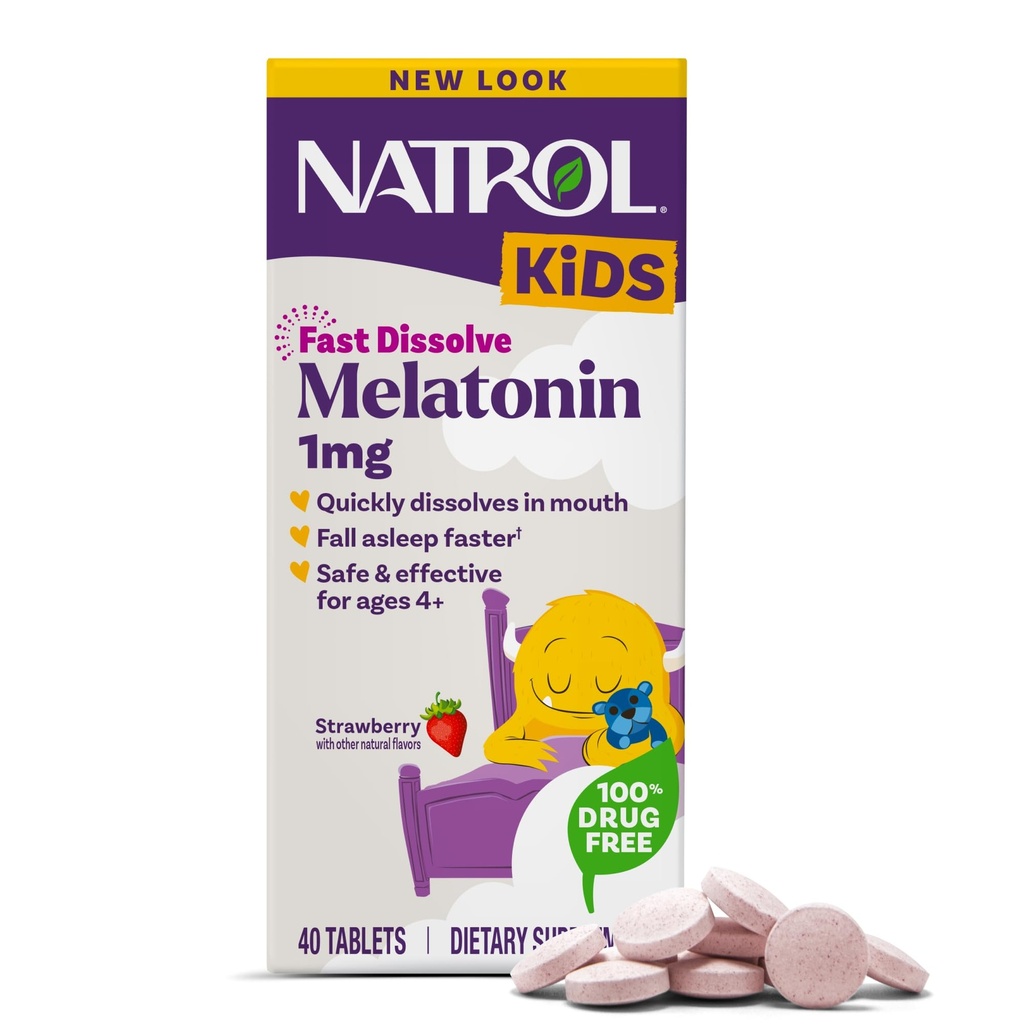 Natrol Kids rapidamente sciogliere la melatonina 1 mg, supplemento dietetico per il sonno riposante, compresse di sonno per i bambini, 40 compresse di melatonina aromatizzata alla fragola, alimentazione di 40 giorni
