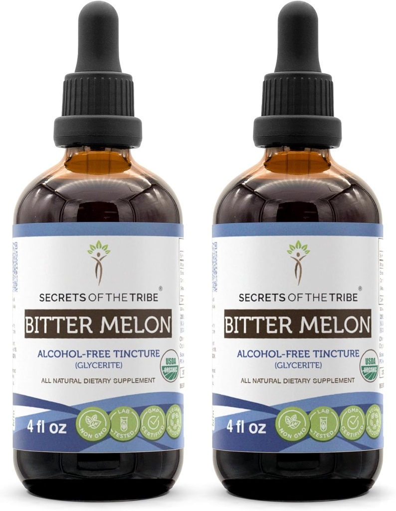 Secrets of the Tribe Bitter Melon USDA Organic | Alkoholfreier Extrakt, hochkarätige Kräutertropfen | Hergestellt aus 100% zertifiziertem Bio Bitter Melon (Momordica Charantia) Getrocknete Frucht (2x4 oz)