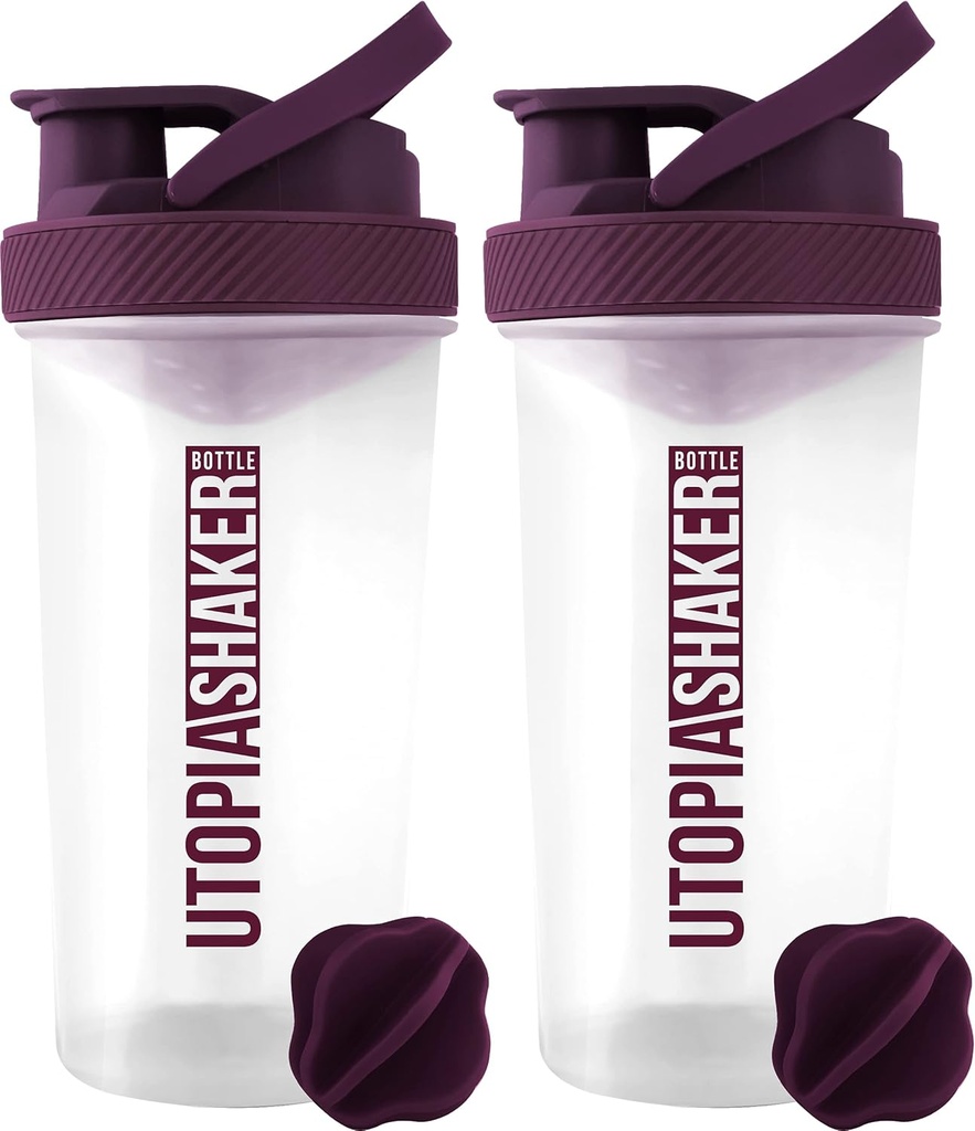 Utopia Home Protein Shaker Bottle - (Pack von 2) 28-Ounce Shaker Flaschen Für Protein Mixes - Fitness Sports Classic Protein Mixer Shaker Bottle (Clear/Plum)