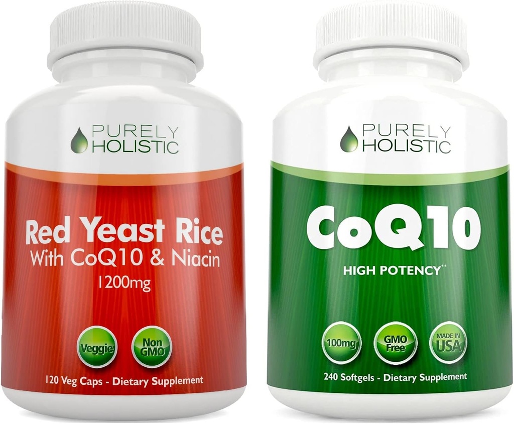 Purely Holistic Red Yeast Rice 1200mg & Niacin + CoQ10 100mg - 120 Kapseln & 240 Softgels Bundle - Made in USA