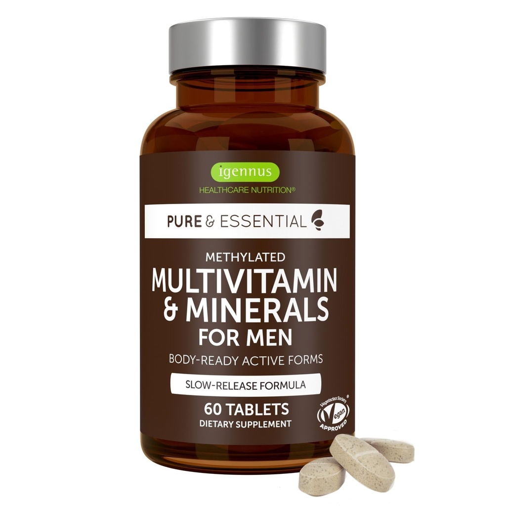 Multivitamina di uomini etilati di Igennus con 22 attivi, Consegna Nutriente di tutti i giorni, Pure & Clean, Methylfolate & Methylcobalamin, Supplemento MTHFR ad alta resistenza, Non-GMO & Halal, 60 compresse