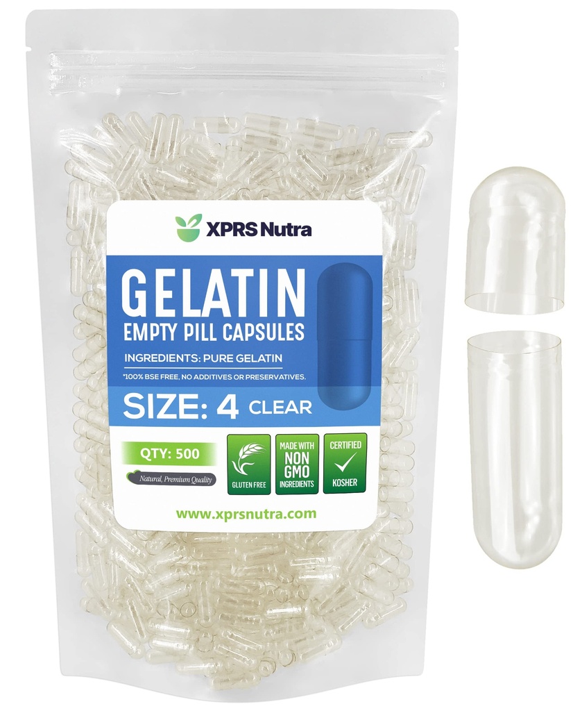 XPRS Nutra Größe 4 Leere Kapseln - 500 Count Small Clear Leere Gelatine Kapseln - Pillen DIY Kapsel Füllung - Fillable Pure Bovine Pill Gel Kapseln für Do-It-Yourself Ergänzungen
