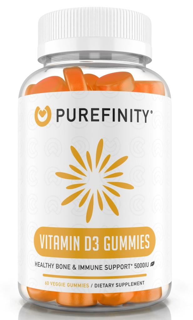 PUREFINITY Vitamine D3 5000 iu Gummies – Votre supplément quotidien de vitamine D pour la santé des os, la santé immunitaire et le soutien musculaire articulaire pour les adultes et les enfants – sans gluten, sans OGM – 60 Gummées veggies