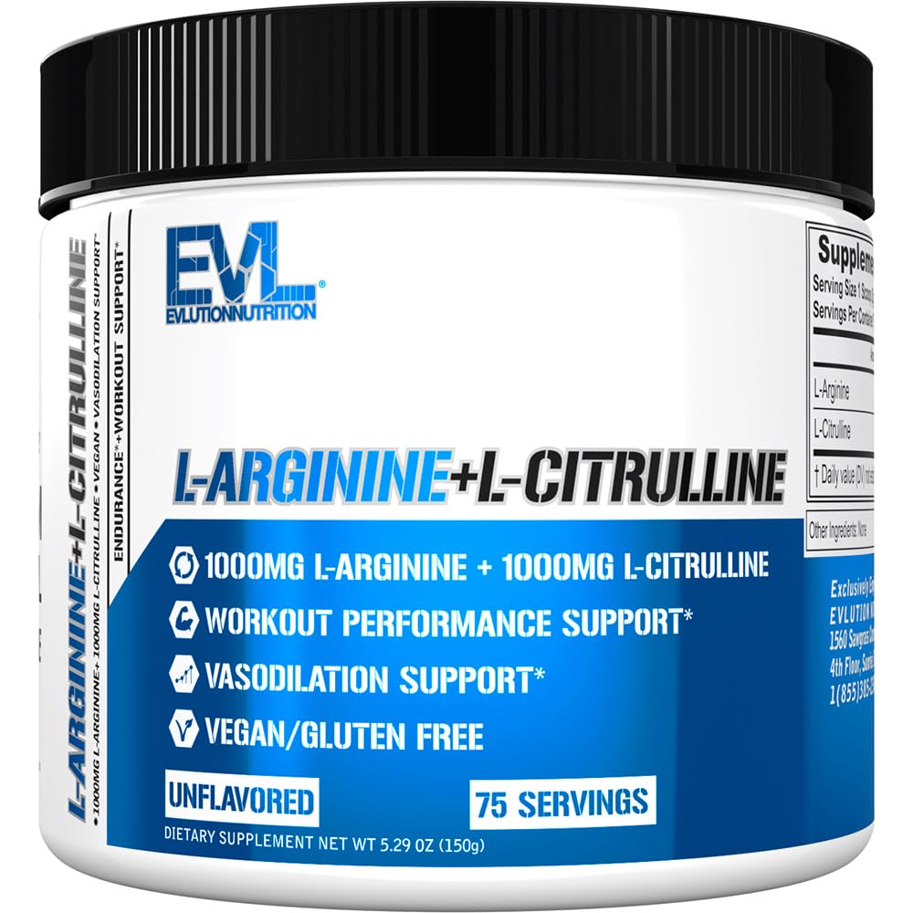 Evlution Nutrition L-Arginin + L-Citrulline - Endurance + Workout Performance Supplement - 2000mg Complex - Vasodilation + Nitric Oxid Support - Vegan + Glutenfreies Pulver - 75 Portionen