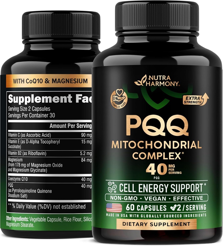 PQQ 40 mg - PQQ mit CoQ10-Ergänzung - Mitochondrien Biogenesis & Cellular Energy Production - mit Magnesium, Vitaminen C, E & B2 - Reines und hochverfügbares | Lab Getestet - Made in USA - 60 Kapseln