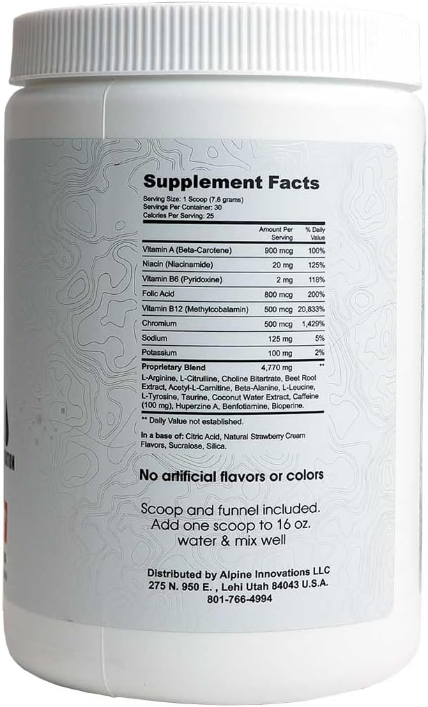 Alpine Innovations Body Fuel Focus + Energy - Great Tasting Supplement zur Verbesserung des Fokuss und zur Bereitstellung von Energie ohne die Jitter. (30 Scoop Tub, Erdbeercreme)