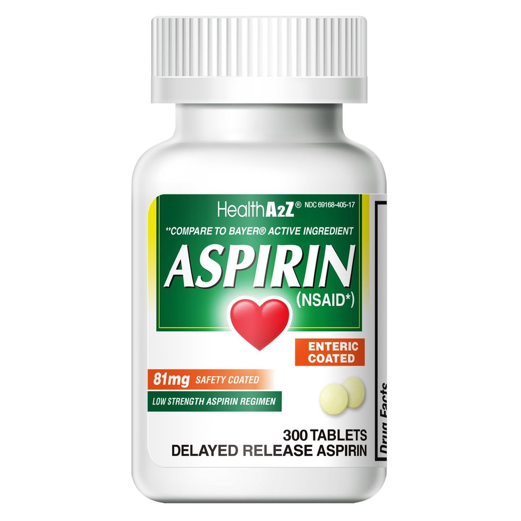 HealthA2Z® Aspirin 81 mg | Low Strength | Coated Enteric | Rilievo del dolore | Riduce i dolori minori dolore del muscolo &amp; gomme | Riduce il mal di testa (300 conti)