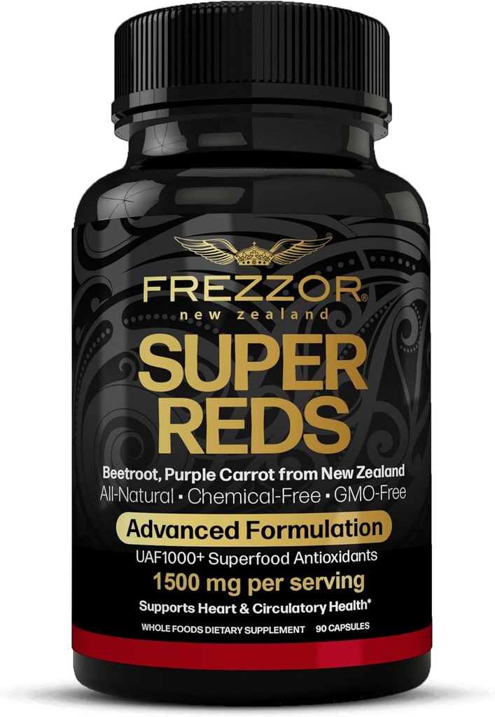 FREZZOR Super Reds Capsule con UAF1000+, All-Natural New Zealand Red Superfood Energy, Essential Red Fruits Veggies& Beets, Antiossidanti, Enzimi, Integratori Energetici, 90 Capsule, 1 Bottiglia