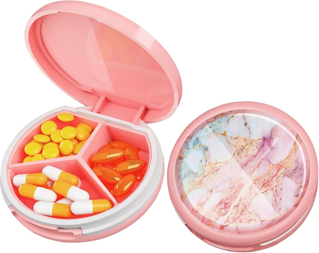 Serfeymi Petite Pill Box - 3 compartiments Pill Box portable pour la poche de la Purse, compact Mini cas de pilule de voyage - adapté à la médecine, vitamine, huile de poisson, suppléments - rose(Marble)