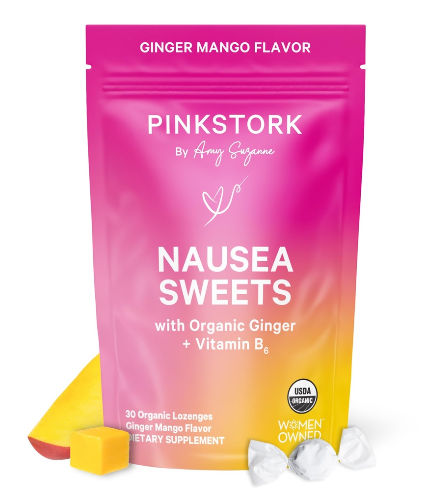 Pink Stork Organic Mango Sweets con Vitamina B6 per Mattina Malattia e movimento Malattia, Aggiunto Ginger & Vitamina B6, 1st Trimester Gravidanza deve avere - 30 Wrapped Candies