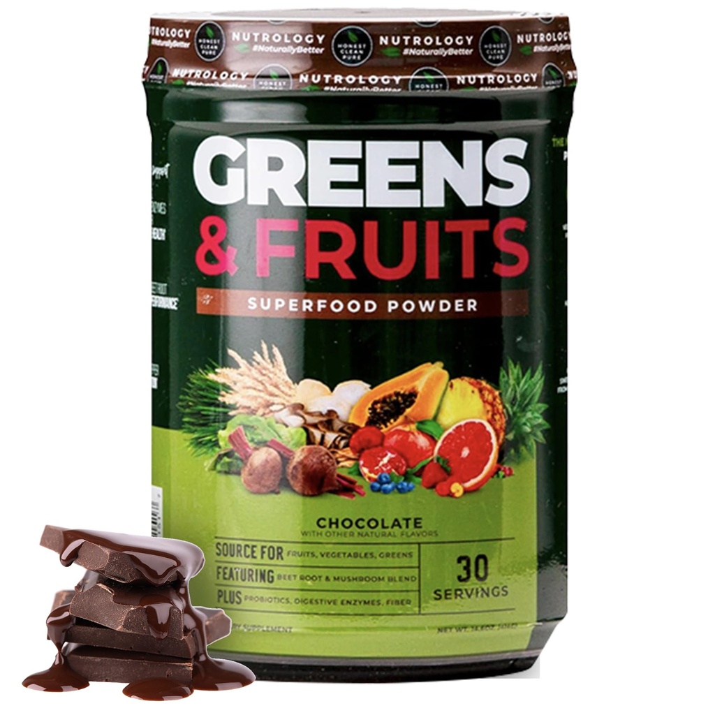 Nutrologie Verts et fruits Fruits, légumes, poudre de betterave et mélange de champignons, probiotiques, enzymes digestives, fibre, antioxydants, support immunitaire, sans gluten - chocolat
