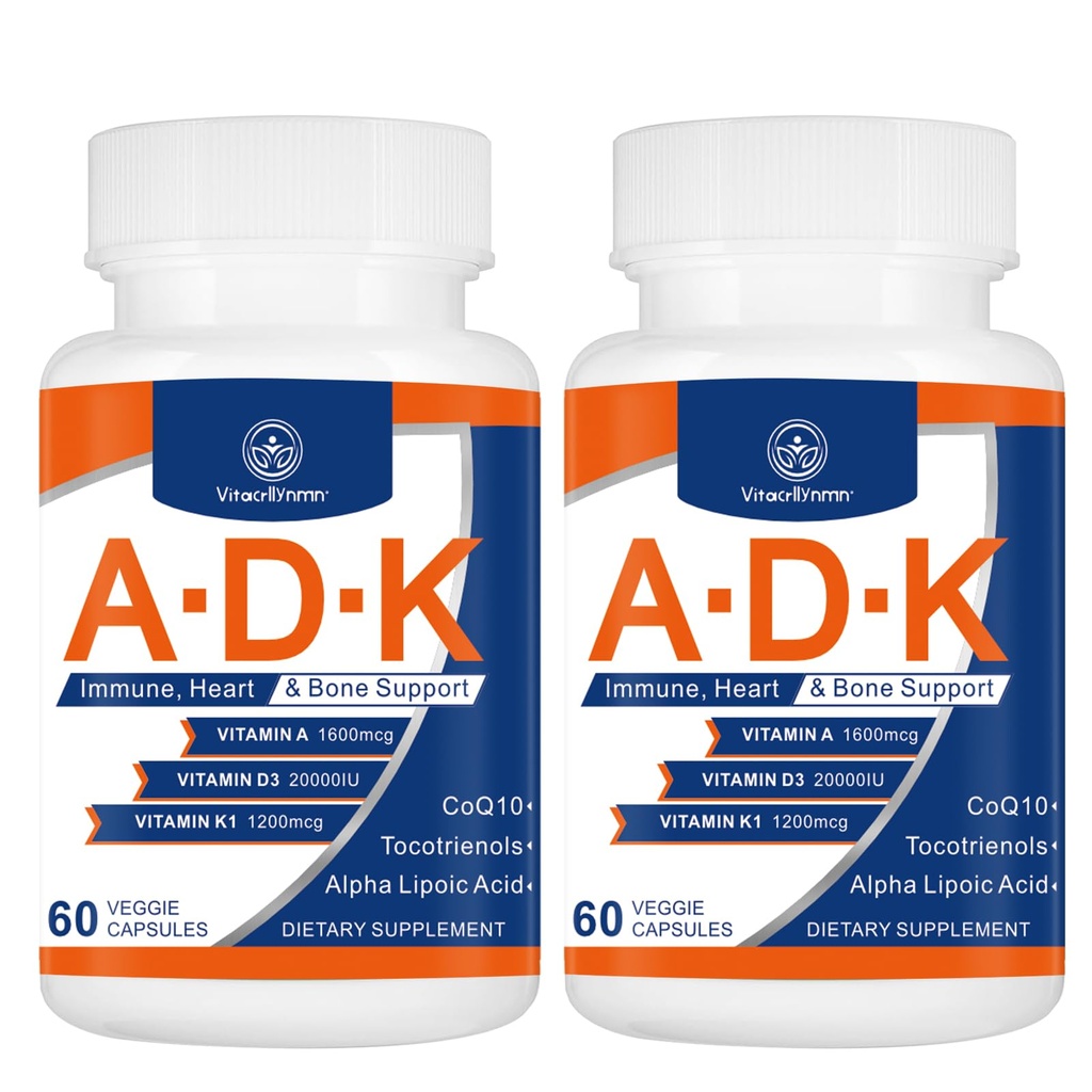 ADK Vitamin Supplement 20000 IU - High Potency Vitamins A, D3 and K1 for Heart, Bone Health and Immune Support Vitamin ADK 120 Capsules
