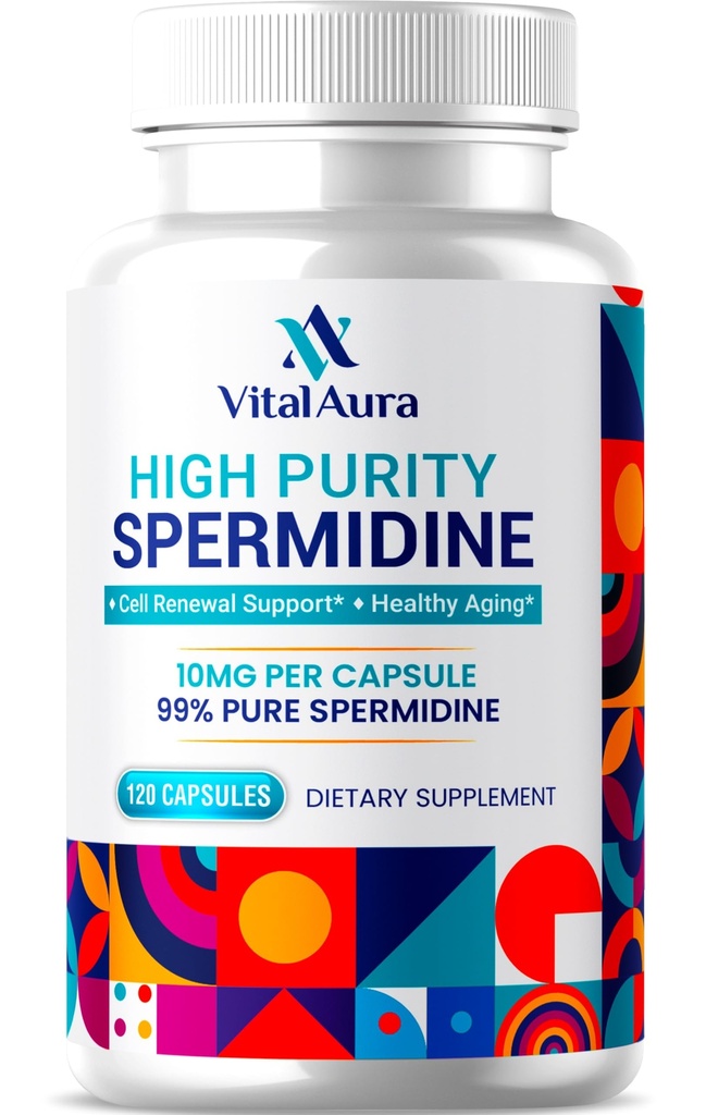 Vital Aura Spermidine Supplemento - 10mg x 120 Capsule | 4 mesi Fornitura di alta purezza Spermidina per l'invecchiamento sano, il cervello e la salute cellulare - 100x Più Potente dell'estratto di Germ di grano