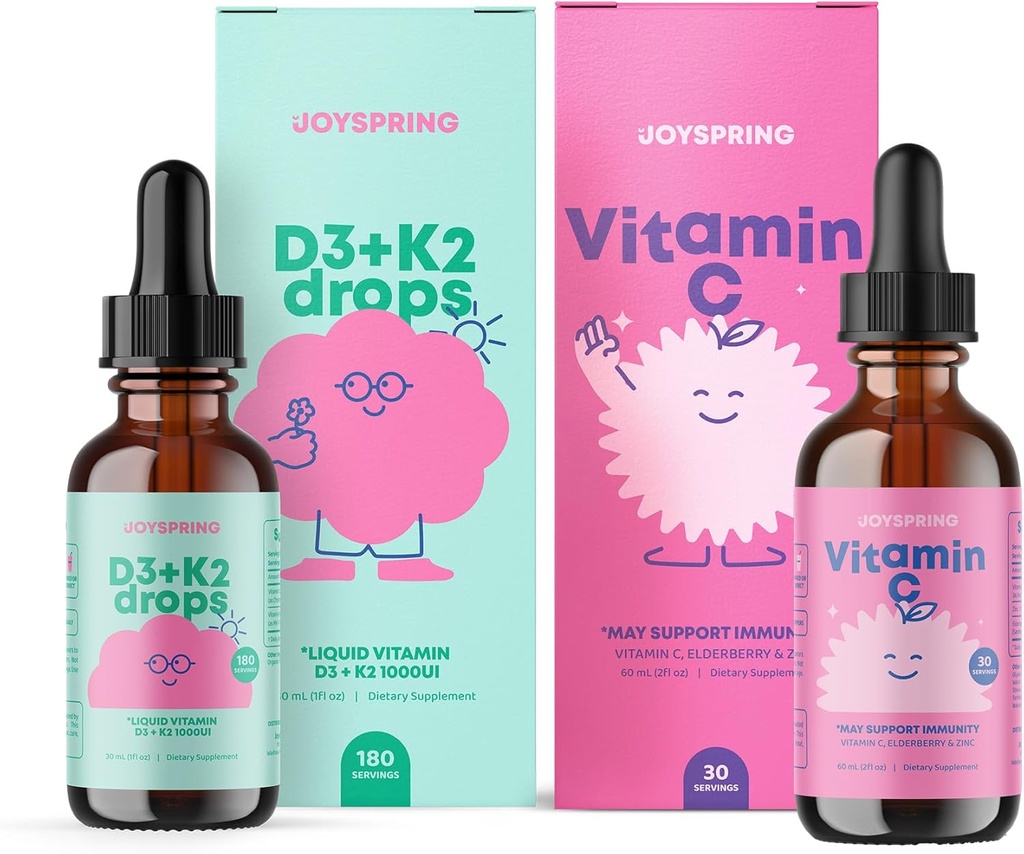 JoySpring vitamina C + gocce di sambuco + Integratori di zinco per bambini Supporto immunitario e gocce di vitamina D per il supporto immunitario e la salute del cuore