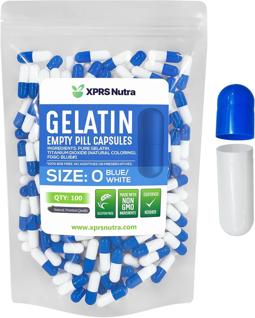 XPRS Nutra Größe 0 Leere Kapseln - 100 Count Leere Gelatine Kapseln - Pillen DIY Kapsel Füllung - Pure Bovine Pill Gel Kapseln für Do-It-Yourself Ergänzungen (blau/weiß)