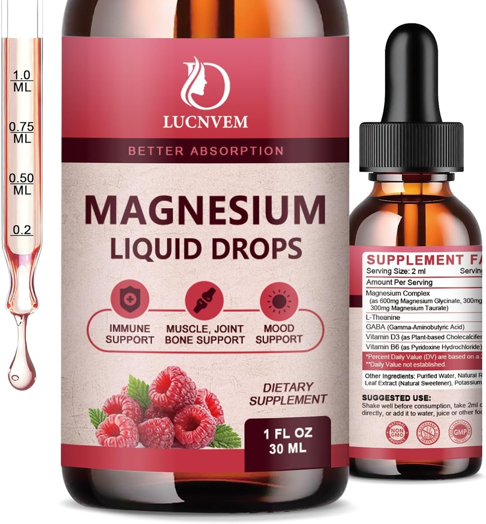 90% assorbimento Magnesio Glycinate gocce liquide con Citrato e Taurate, Magnesio Complesso 1200mg con GABA, L-teanina, D3 e B6 per calma, sonno, relax - Raspberry Flavor 1 Fl Oz (Pacchetto di 2)