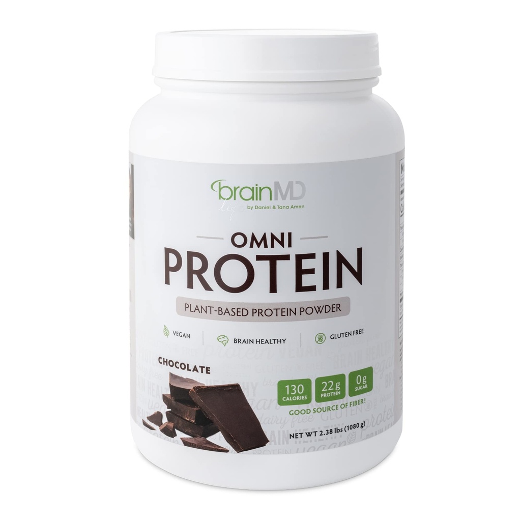 BRAINMD Dr. Amen Omni Protein Chocolate - 2,38 lbs - Pflanzenbasiertes Proteinpulver - fördert Energie und Bewegung Erholung - Vegan, Vegetarier, Zuckerfrei, Glutenfrei - 30 Portionen
