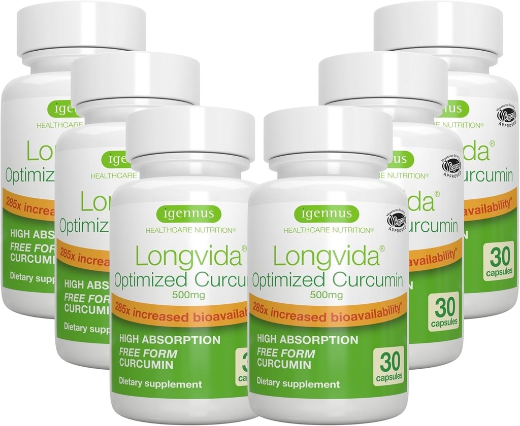 Igennus Longvida Lipidated Curcumin 500mg, Ultra Biodisponible et Action soutenue, 65x Niveaux plasmatiques plus élevés, Soutien intensif, Curcumine de forme libre, Vegan, 180 Capsules