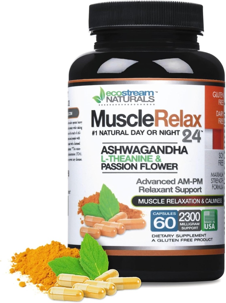 MuscleRelax 24/7 supporta il rilassamento muscolare, uso di giorno o di notte, ingredienti naturalmente derivati - sicuro ed efficace - senza glutine - 60 capsule vegetariane