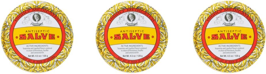 Rawleigh Antiseptic Salve Iconic Yellow Big Tin: 4,5 oz, Onguent à onguents multiples Coupes, Bruises, Irritations, avec Turpentine, Phénol, Huile de Coton et Paraffine, Formule originale - Paquet de 3