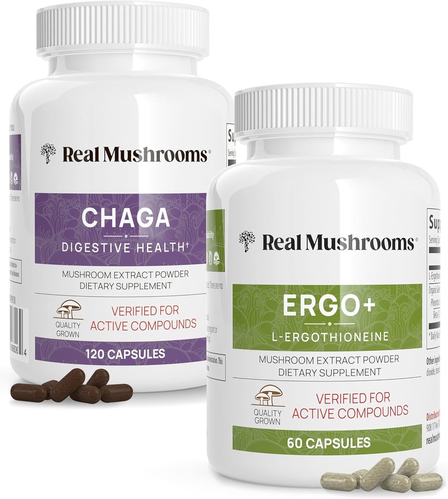 Véritables champignons Ergothioneine (60ct) et Chaga (120ct) Ensemble avec extrait de champignons Shiitake et Oyster - Longévité, santé digestive - Vegan, sans gluten, non-OGM - Soutien naturel au vieillissement en santé