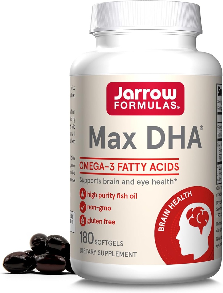 Jarrow Formulas MaxDHA - 180 Softgels - High Purity Fish Oil - Supplement Supports Brain & Eye Health - Concentrated in Omega-3 Fatty Acids & Enriched in DHA - 90 Servings