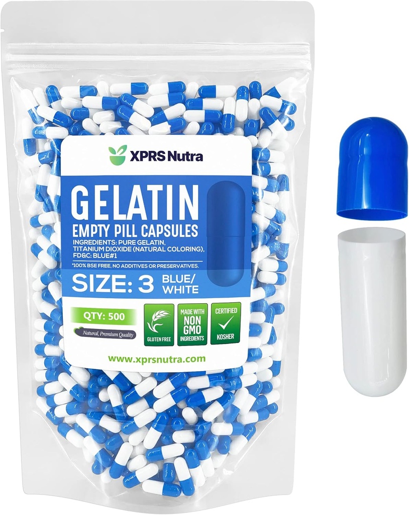 XPRS Nutra Size 3 Capsule Vuote - 500 Conta capsule Gelatine Vuote - Pillole Riempimento Capsule fai da te - Pure Bovine Pill Gel Caps Fillable for Do-It-Yourself Vitamins and Supplements (Blue/White)